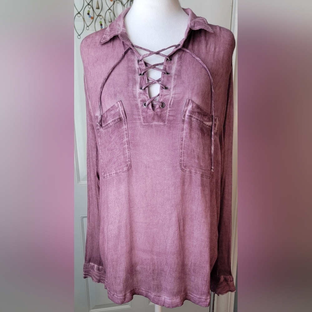 Rock & Republic Lace-Up V Neck High Low Tunic Womens XL Distressed Wine Long-sle
